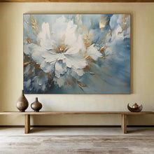 Load image into Gallery viewer, Hand - painted Large - Format White Flower with Gold and Blue Background Acrylic Art for Elegant Bedrooms LargeART1756