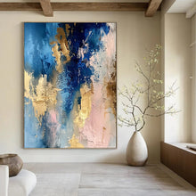 Load image into Gallery viewer, “Blush & Blue Gold Melt” – Blue, Pink & Gold Abstract Acrylic with Layered Textures DTP072