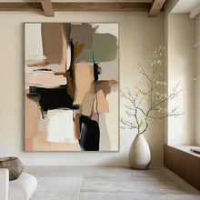 Load image into Gallery viewer, “Neutral Color Block Collage” - Beige, Black, Green, Pink Abstract Art on Canvas DKH1240