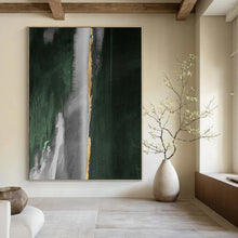 Load image into Gallery viewer, “Gold Strip Green and Grey” - Green, Grey, Gold Abstract Art on Canvas DKH1203