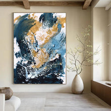 Load image into Gallery viewer, Gold & Blue Abstract Splash – Energetic Acrylic Painting DTP234
