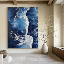 Load image into Gallery viewer, “Blue Ocean with White Impasto” – Deep blue ocean, white impasto forming wave - like shapes. DTP335
