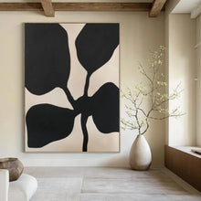 Load image into Gallery viewer, “Black Leaf Silhouette” - Minimalist Black and Beige Plant Art, Abstract Painting on Canvas DKH1077