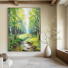 Load image into Gallery viewer, “Sunlit Forest Path with Stream” - Green, Yellow, Blue Landscape Art on Canvas DKH1266
