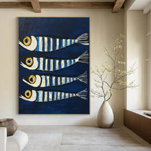 Load image into Gallery viewer, Striped Fish on Blue Abstract Canvas Painting, Perfect for Nautical Nursery & Coastal Café LargeART1189