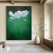 Load image into Gallery viewer, White Cloud Cluster on Green Abstract, Perfect for Nature - Themed Bedroom & Relaxing Reading Nook LargeART1990
