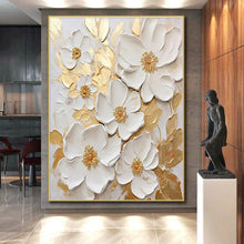 Load image into Gallery viewer, White Flowers with Gold Accents Acrylic Art - Ideal for Luxe Dining Room & Elegant Bedroom LargeART0658