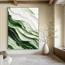 Load image into Gallery viewer, Green & White Textured Abstract Wave Painting, Ideal for Nature - Inspired Office & Serene Bathroom LargeART2069