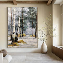 Load image into Gallery viewer, “Snowy Birch Forest Path” - Grey, White, Brown Landscape Art on Canvas DKH1283