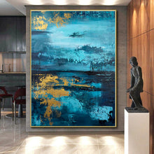 Load image into Gallery viewer, Large - Format Blue - Gold Lake Reflection Art for Lakeside Home & Luxury Hotel LargeART0446