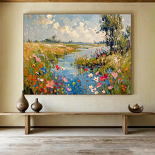 Load image into Gallery viewer, Riverbank “Serene Blossoms” Painting on Canvas, Idyllic Landscape Decor DKH833