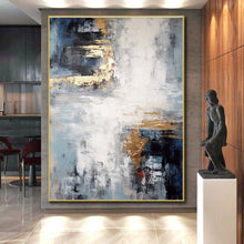 Load image into Gallery viewer, Blue - Gray with Gold Accents Abstract Art - Great for Sophisticated Home Office & Luxury Hotel Suite LargeART0696