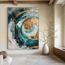 Load image into Gallery viewer, Teal, Gold & White Abstract Swirl Canvas Painting, Suited for Coastal - Inspired Living Room & Art - Filled Wellness Studio LargeART1250
