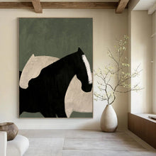 Load image into Gallery viewer, “Abstract Horse Embrace” - Black, White, and Green Animal Art on Canvas DKH1411