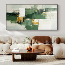 Load image into Gallery viewer, Oversized Hand - painted Green and Gold Geometric Mix Acrylic Art for Modern - Chic Dining Rooms LargeART0199