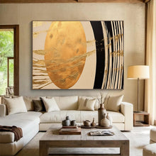 Load image into Gallery viewer, Hand - painted Gold Oval with Black and White Lines Acrylic Art for Art - Inspired Home Libraries LargeART1712