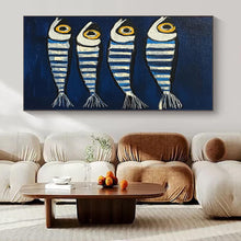 Load image into Gallery viewer, Striped Fish on Blue Abstract Canvas Painting, Perfect for Nautical Nursery & Coastal Café LargeART1189