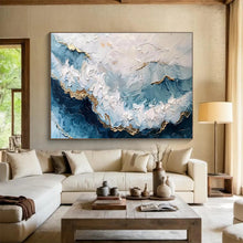 Load image into Gallery viewer, Textured Blue - White - Gold Wave Painting On Canvas DKH347