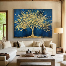 Load image into Gallery viewer, Blue & Gold Tree of Abundance Hand-Painted Abstract Acrylic Art for Dining Room Opulence LargeART1620