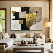 Load image into Gallery viewer, Hand - painted Black, White, and Gold Geometric Collage Acrylic Art for Sophisticated Study Spaces LargeART1709