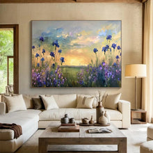 Load image into Gallery viewer, Blue Flower “Sunset Meadow” Painting on Canvas, Serene Floral Landscape DKH819