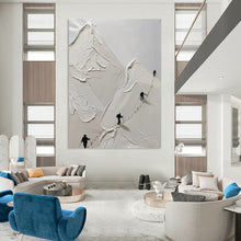 Load image into Gallery viewer, “Impasto Mountain Climbers” ,White impasto mountains with tiny black climbers and their trails. DTP317