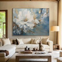 Load image into Gallery viewer, Hand - painted Large - Format White Flower with Gold and Blue Background Acrylic Art for Elegant Bedrooms LargeART1756