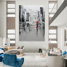 Load image into Gallery viewer, “Black and White Cityscape with Red Umbrella” - Textured Urban Art on Canvas DKH1600