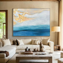 Load image into Gallery viewer, Golden & Blue Seaside Abstract - Dreamy Living Room or Bedroom Art LargeART1521