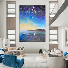 Load image into Gallery viewer, Starry Coastline Sailboats Abstract Painting, Suited for Coastal Bedroom & Stargazing Lounge LargeART1902