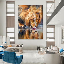 Load image into Gallery viewer, “Lion Drinking at Water” - Realistic Wildlife Art on Canvas DKH1647