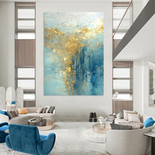 Load image into Gallery viewer, “Aqua - Gold Cascade” – Blue, Aqua & Gold Abstract Acrylic with Cascading Textures DTP063