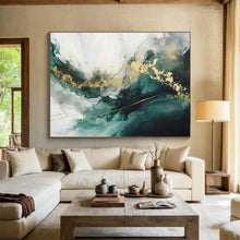 Load image into Gallery viewer, Emerald & Gold Flow Hand-Painted Abstract Acrylic Art for Bedroom Wall Art LargeART1616