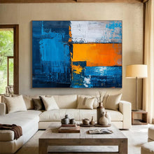 Load image into Gallery viewer, Bold Blue and Orange Geometric Abstract Painting for Modern Office & Urban Art Gallery DKH273