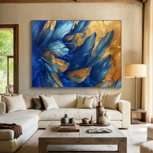 Load image into Gallery viewer, Hand - painted Blue Feathers with Gold Highlights Acrylic Art for Chic Living Room Walls LargeART1708