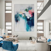 Load image into Gallery viewer, “Blended Blooms in Teal & Pink” Abstract Floral Painting on Canvas, Elegant Living Decor DKH996
