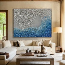Load image into Gallery viewer, Hand - painted Wave - like Silver and Blue Acrylic Art for Coastal - Themed Hotel Lobby Decor LargeART1654