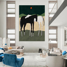 Load image into Gallery viewer, “Horse Duo in Nature” - Black, White, and Green Landscape Art on Canvas DKH1412