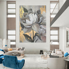 Load image into Gallery viewer, “Grey and Gold Floral Art” - Luxe Floral Abstract on Canvas DKH1620