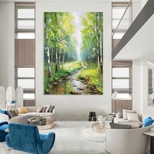Load image into Gallery viewer, “Sunlit Forest Path with Stream” - Green, Yellow, Blue Landscape Art on Canvas DKH1266