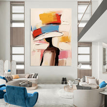 Load image into Gallery viewer, “Color - Blocked Hat Figure” – Abstract figure with a hat of bold color blocks (yellow, red, blue, white). DTP324