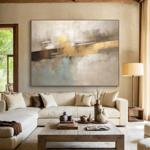 Load image into Gallery viewer, Hand - painted Beige, Gold, and Blue Abstract Layers Acrylic Art for Timeless Living Room Centers LargeART1714