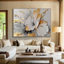 Load image into Gallery viewer, Gold and White Floral Textured Abstract Painting on Canvas - “Gilded Beauty” DKH677
