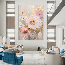 Load image into Gallery viewer, “Blush and Gold Floral Impasto” - Pink, Gold, and White Flower Art on Canvas DKH1390