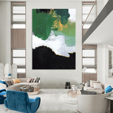 Load image into Gallery viewer, “Green, Gold, and Black Abstract” - Green, Gold, Black, White Abstract Art on Canvas DKH1222