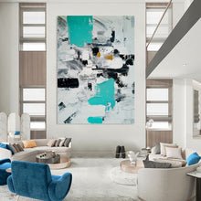 Load image into Gallery viewer, “Abstract Minimalist Color Blocks” - Teal, Grey, White Geometric Art on Canvas DKH1347