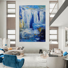 Load image into Gallery viewer, “Blue and Gold Waterfall Abstract” - Blue, Gold, White Abstract Art on Canvas DKH1332