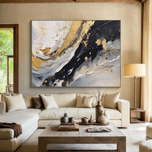 Load image into Gallery viewer, Hand - painted Black, White, and Gold Fluid Strokes Acrylic Art for Stylish Bathroom Decor LargeART1710