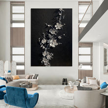 Load image into Gallery viewer, “Silver Floral on Black” - Decorative Abstract Art on Canvas DKH1543