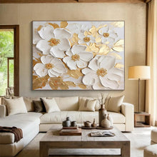 Load image into Gallery viewer, White Flowers with Gold Accents Acrylic Art - Ideal for Luxe Dining Room & Elegant Bedroom LargeART0658
